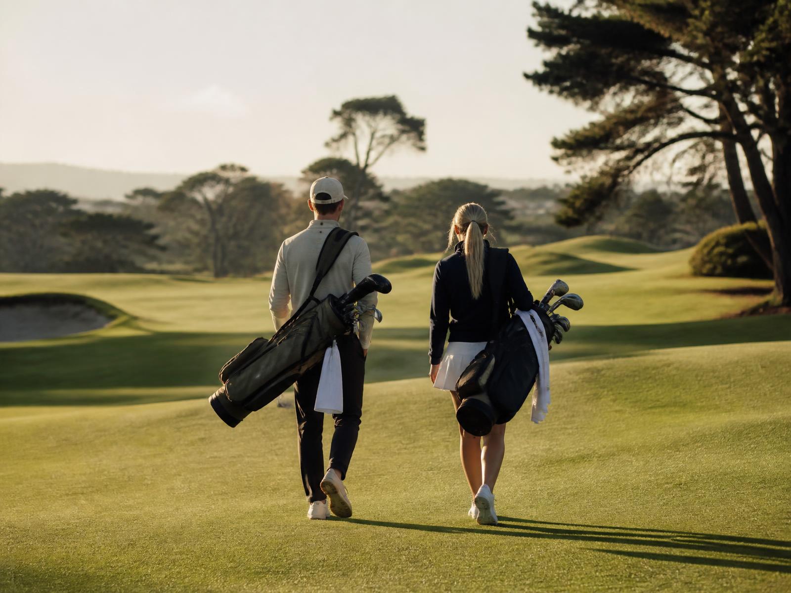 Zwei junge Golfer gehen entspannt über ein Fairway
